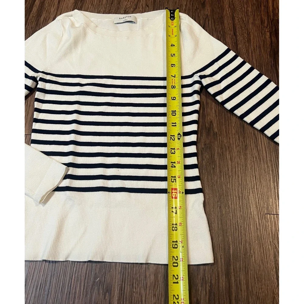 Babaton White Navy Striped Ribbed Knit Long Sleeve Boat Neck Top Small